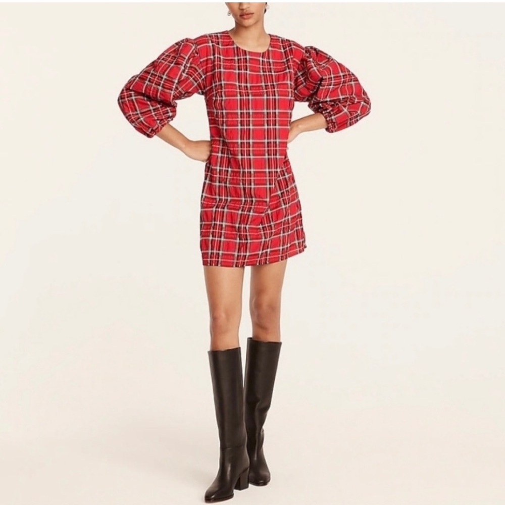 J. Crew Red Plaid Puff-Sleeve Mini Dress